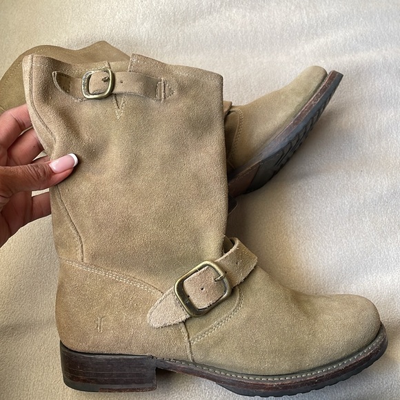 FRYE Veronica Taupe Suede Buckle Boots Size 7 - Picture 4 of 12
